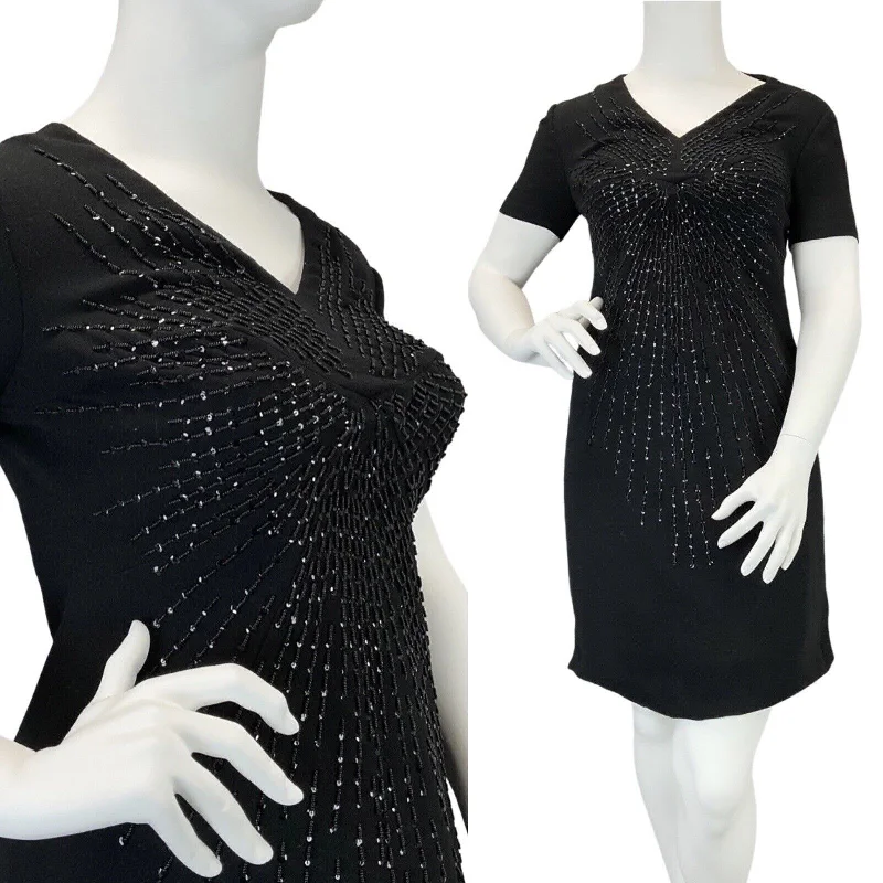 VINTAGE 60s 70s BLACK STARBURST BEADED SEQUINNED PARTY WOOL SHORT DRESS 14