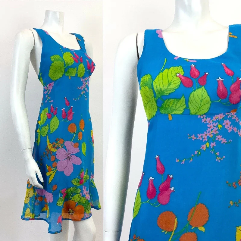 VINTAGE 60s 70s BLUE PINK GREEN FLORAL BERRY EMPIRE FLOATY SLEEVELESS DRESS 10