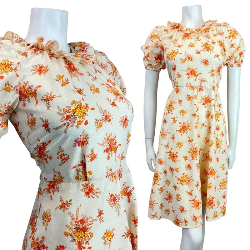 VINTAGE 60s 70s CREAM ORANGE BEIGE FLORAL BOUQUET RUFFLED BOHO SWING DRESS 8 10