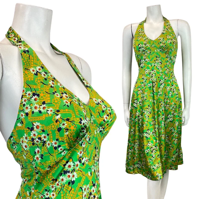 VINTAGE 60s 70s GREEN YELLOW BLUE FLORAL HAWAIIAN HALTER SUMMER SWING DRESS 8 10