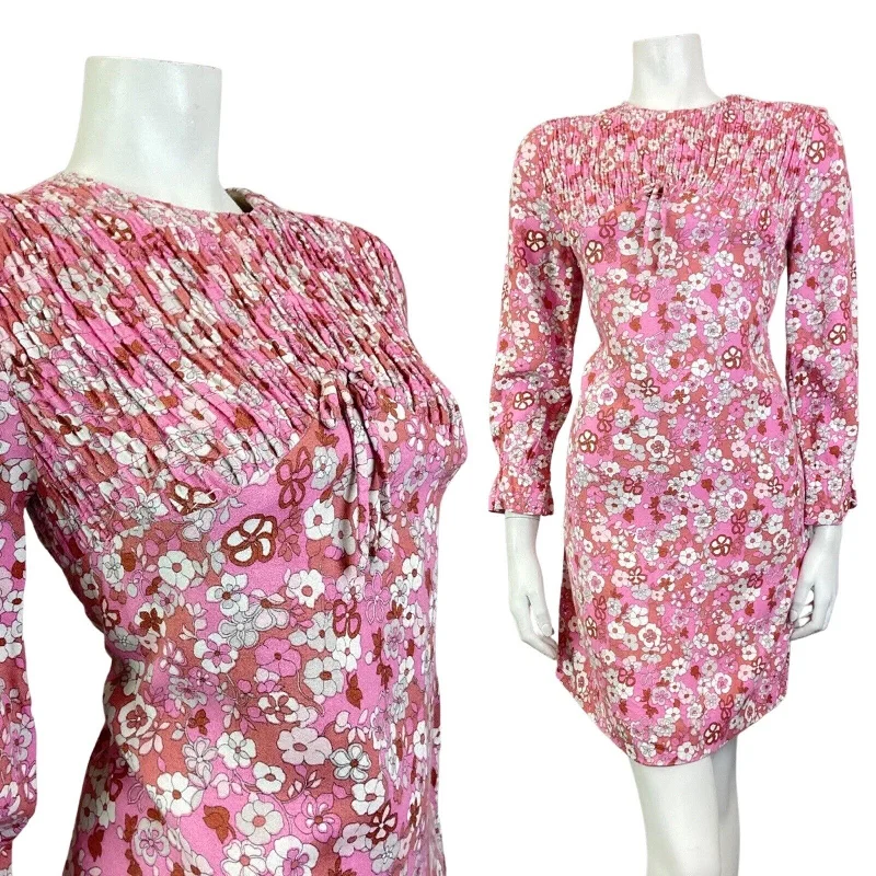 VINTAGE 60s 70s PINK WHITE PURPLE DAISY FLOWER SHIRRED MOD SUMMER DRESS 10 12