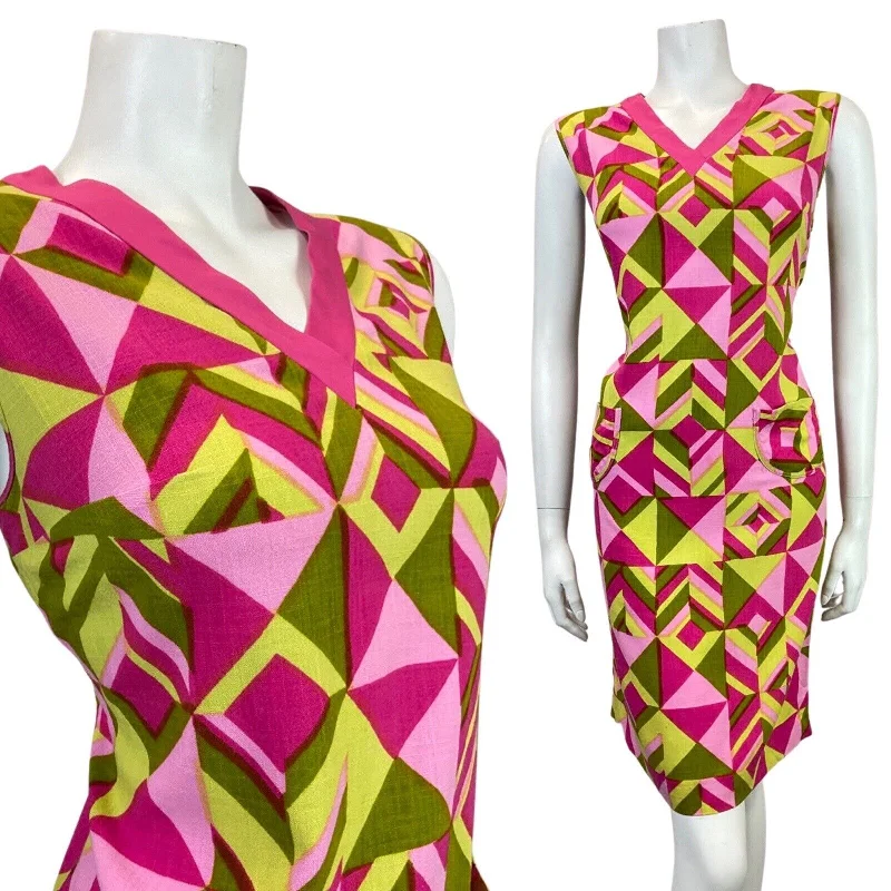 VINTAGE 60s 70s PINK YELLOW GOLD GEOMETRIC SLEEVELESS A-LINE SHIFT DRESS 12