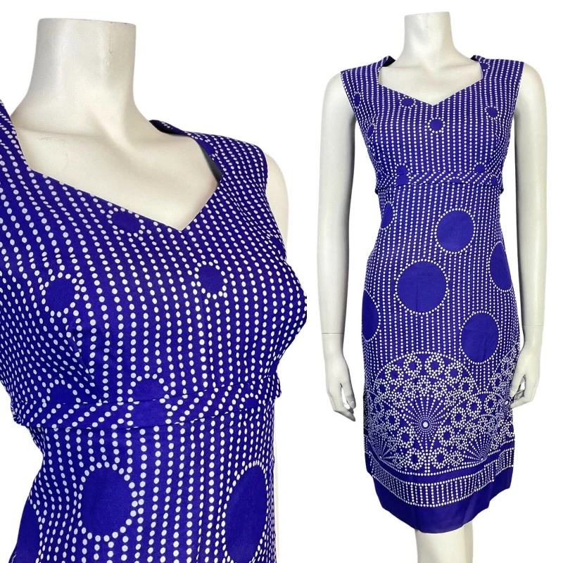 VINTAGE 60s 70s PURPLE WHITE POLKA-DOT STRIPED MANDALA MOD SLEEVELESS DRESS 14