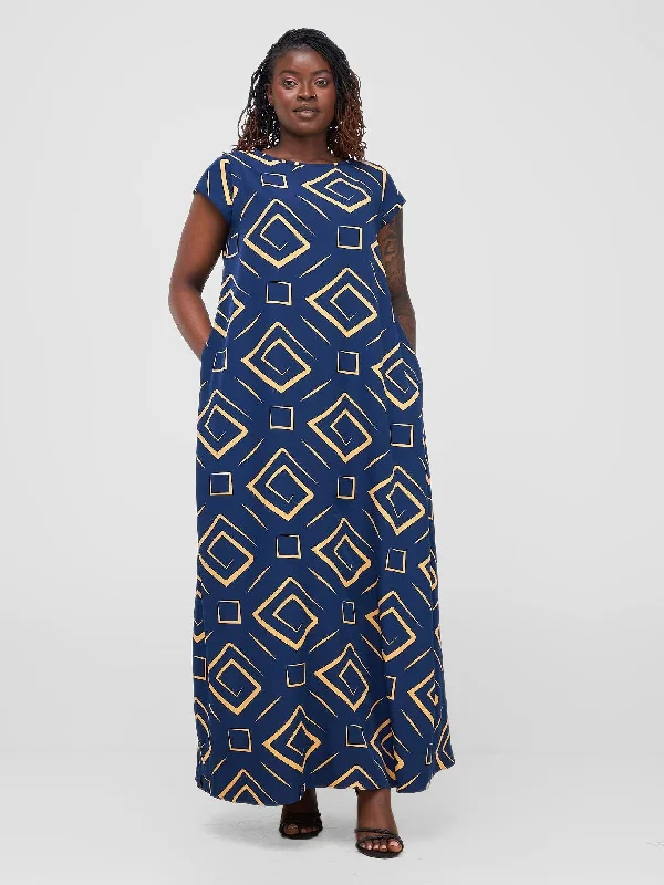 Vivo Basic Cap Sleeve Maxi Tent Dress - Navy / Orange Print