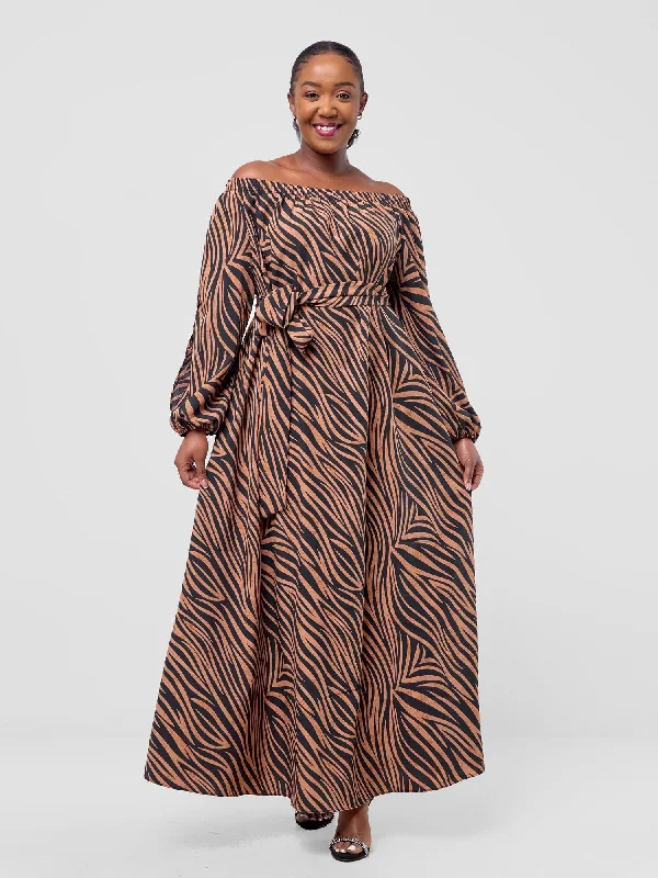 Vivo Yumi Off Shoulder Maxi Dress - Black / Brown Print