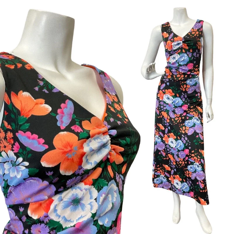 VNITAGE 60s 70s BLACK ORANGE PURPLE FLORAL DITSY SUMMER SLEEVELESS MAXI DRESS 12