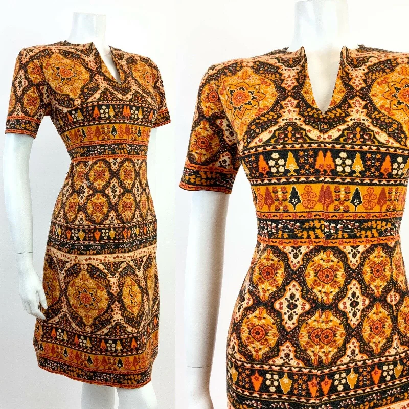 VTG 60s 70s ORANGE BLACK CREAM RED PSYCHEDELIC FLORAL MANDALA SHORT DRESS 12 14