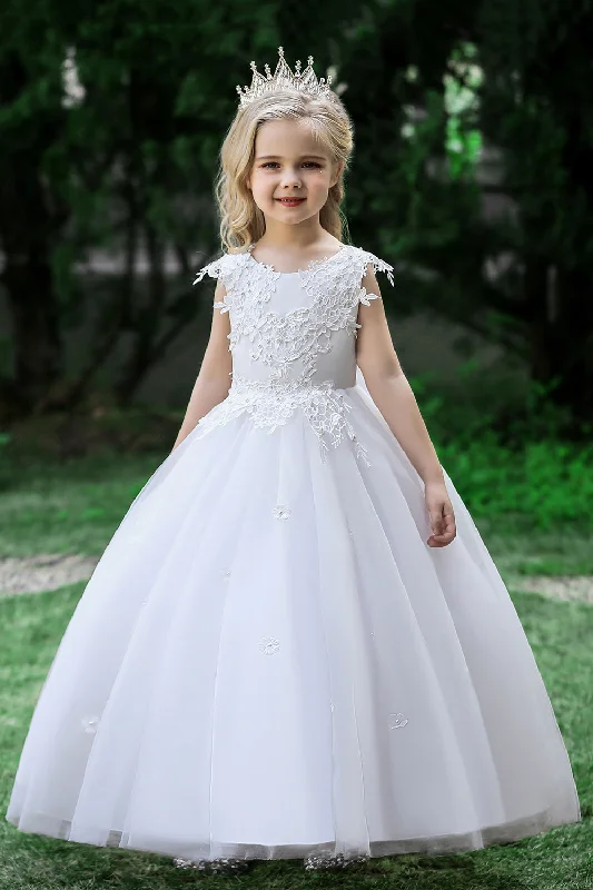 White Weeding Flower Girl Dress with Bow