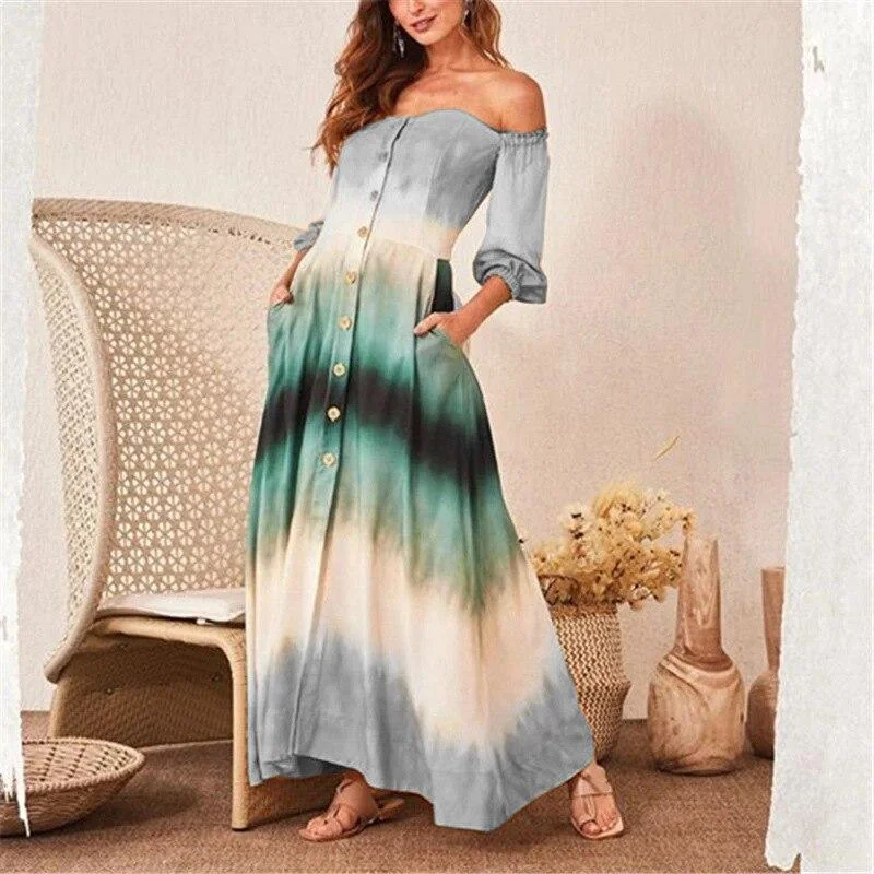 FashionSierra - Women Gradation Color Off Shoulder Long Dress Single Breasted Long Sleeve Maxi Dress with Pocket Casual Summer Beach Robe Femme