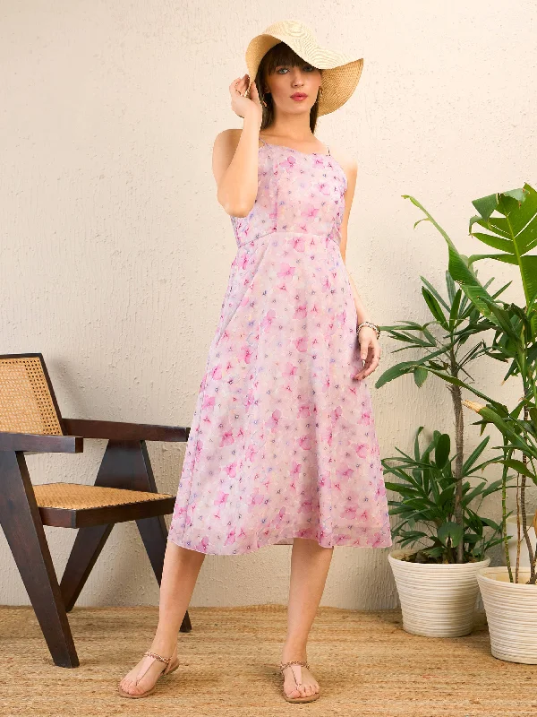 Women Pink Floral Strappy Midi Dress