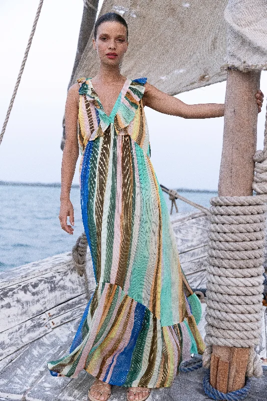 Ruffle V-Neck Maxi- Zanzibar Multi