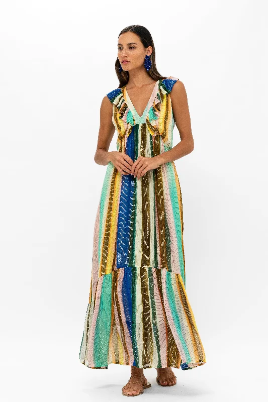 Ruffle V-Neck Maxi- Zanzibar Multi