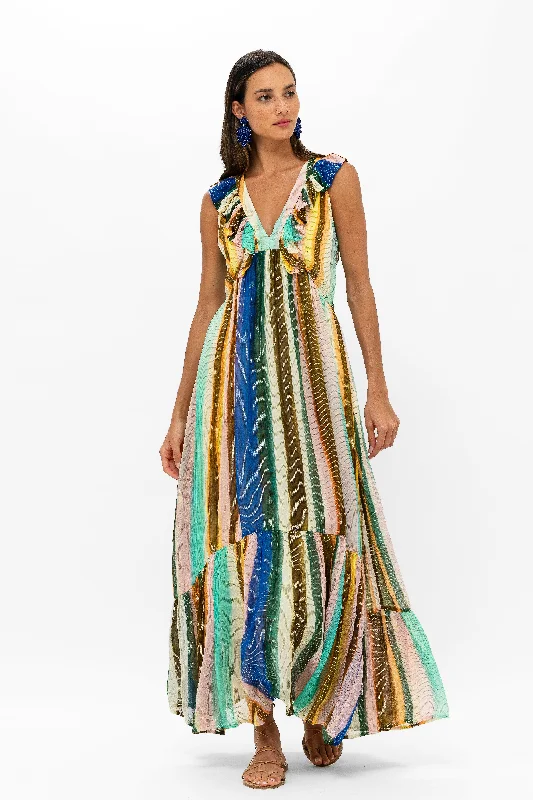 Ruffle V-Neck Maxi- Zanzibar Multi