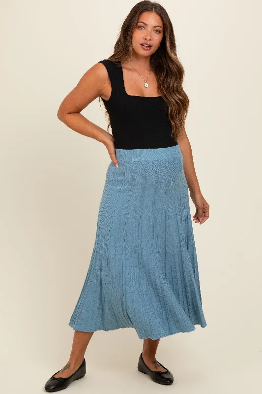 Blue Ribbed Knit A-Line Midi Maternity Skirt