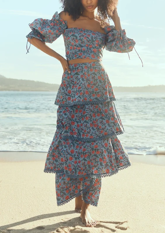 Brenda Tiered Skirt in French Blue with Punch Bouquet Floral