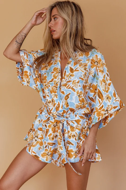 Daytona Beach Button-Up Romper Floral Blue