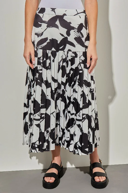 Drop Waist Maxi Skirt - Pleated Floral Woven