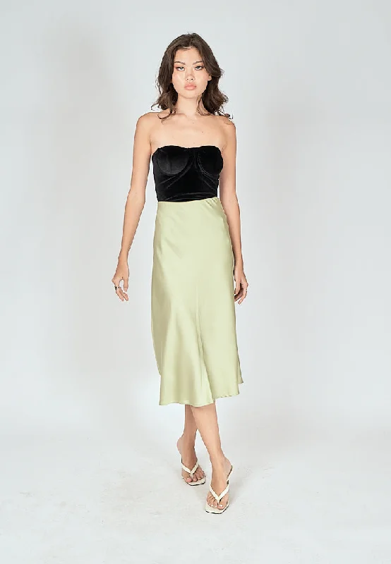 Kyler Pastel Green Silk A-Line Midi Skirt