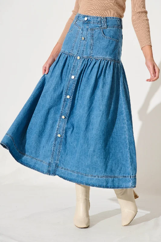 Poppy Maxi Denim Skirt In Mid Blue