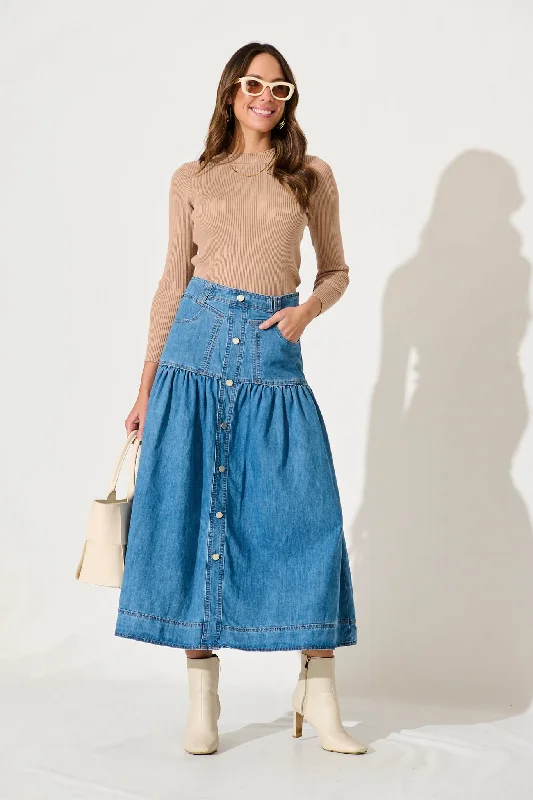 Poppy Maxi Denim Skirt In Mid Blue