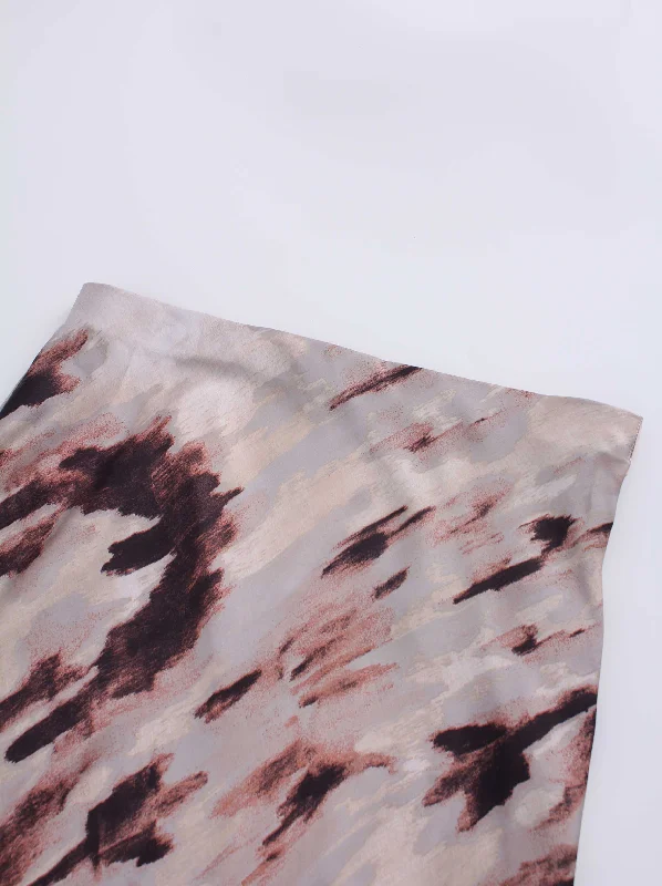 Printed Satin Slip Skirt-Brown Brushstrokes