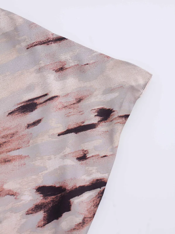 Printed Satin Slip Skirt-Brown Brushstrokes