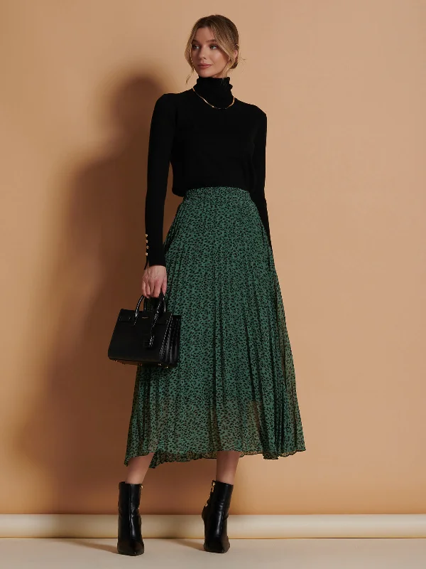 Saige Chiffon Pleated Maxi Skirt, Green Animal