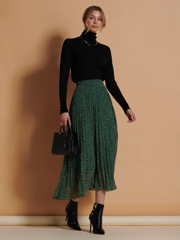 Saige Chiffon Pleated Maxi Skirt, Green Animal