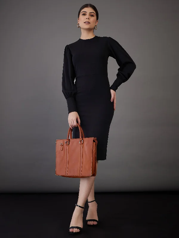 Women Black Puff Sleeves Bodycon Midi Dress