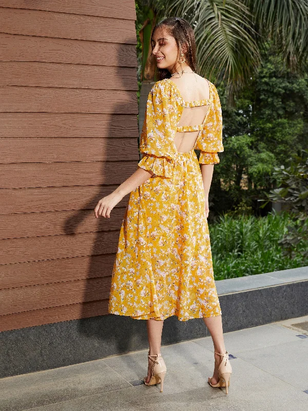 Women Yellow Floral Ruched Midi Dress