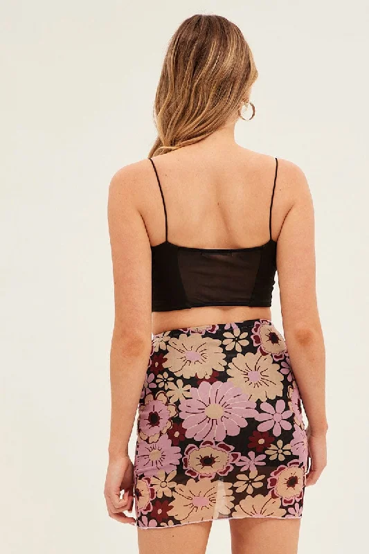 Black Floral Mini Skirt Mesh