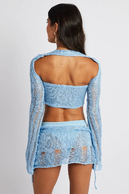 Blue Crochet Sequin Top and Skirt