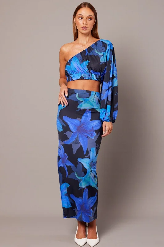 Blue Floral Maxi Skirt Tube Side Split Skirt