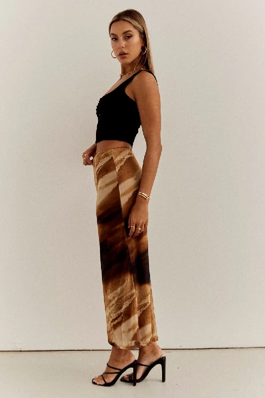 Brown Abstract Maxi Skirt High Rise Mesh