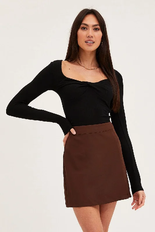 Brown Mini Skirt High Rise Front Split