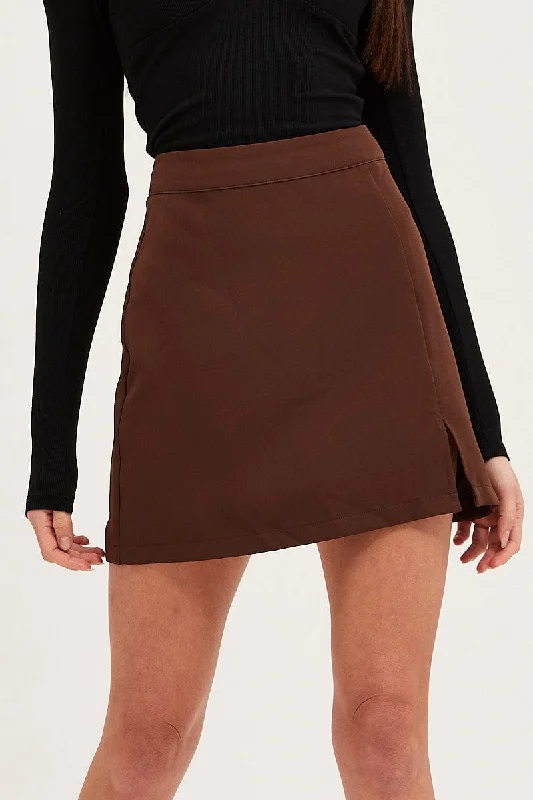 Brown Mini Skirt High Rise Front Split