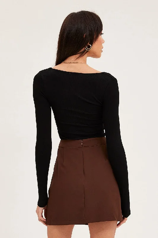 Brown Mini Skirt High Rise Front Split