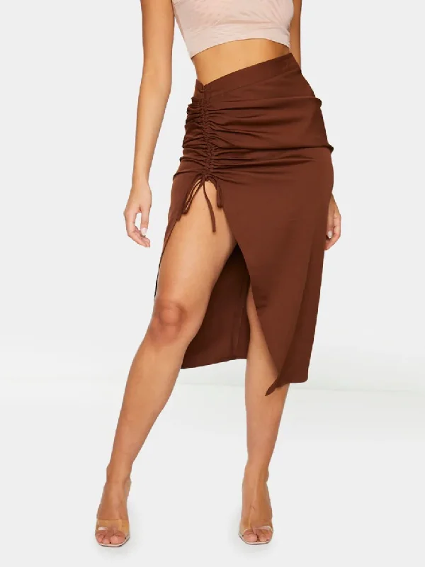 Chocolate Woven Ruched Detail Midi Skirt