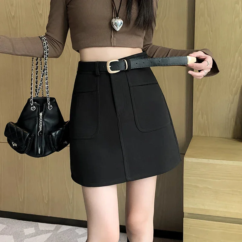 FashionSierra - New Korean Women High Waist A-line Mini Autumn Winter Fashion Pockets Package Hip Ladies Wool Short Skirt