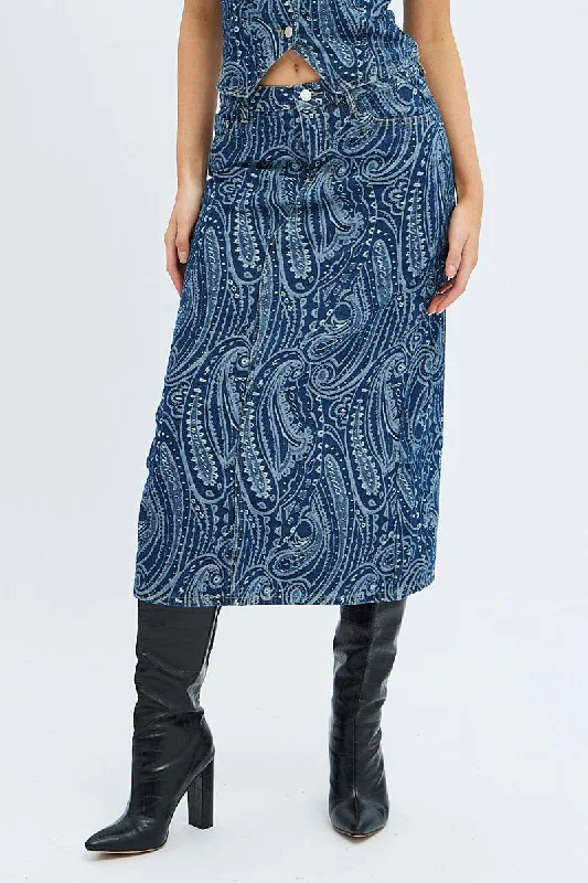 Denim Midi Skirt Mid Rise Straight Fit Paisley Denim