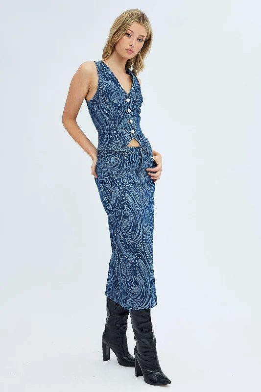 Denim Midi Skirt Mid Rise Straight Fit Paisley Denim