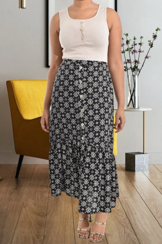 Black Button Printed Skirt